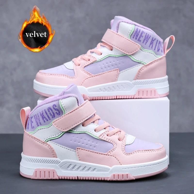 

Зимняя бархатная обувь для скейтборда, детская модная повседневная розовая детская спортивная обувь, кроссовки для девочек, теплые высокие кроссовки на меху для мальчиков