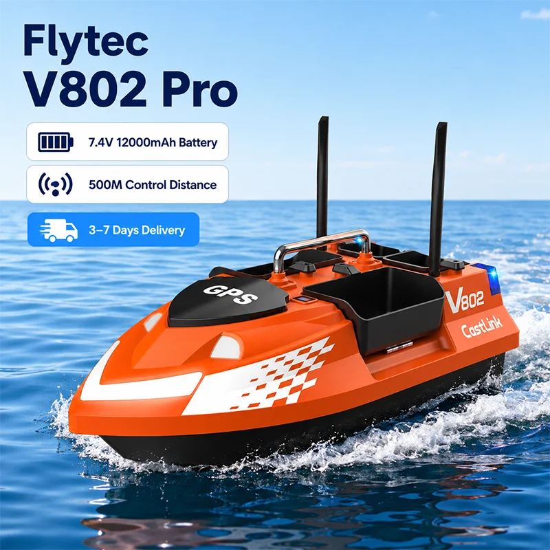 Flytec V802 Pro .GPS Futterboot mit 4 Futterbehältern, 3 kg Ladekapazität, 500 m Reichweite der Fernbedienung, 390 leistungsstarkem Motor, 7,4V 12000mAh Batterie, 4 Stunden Laufzeit, ABS RC