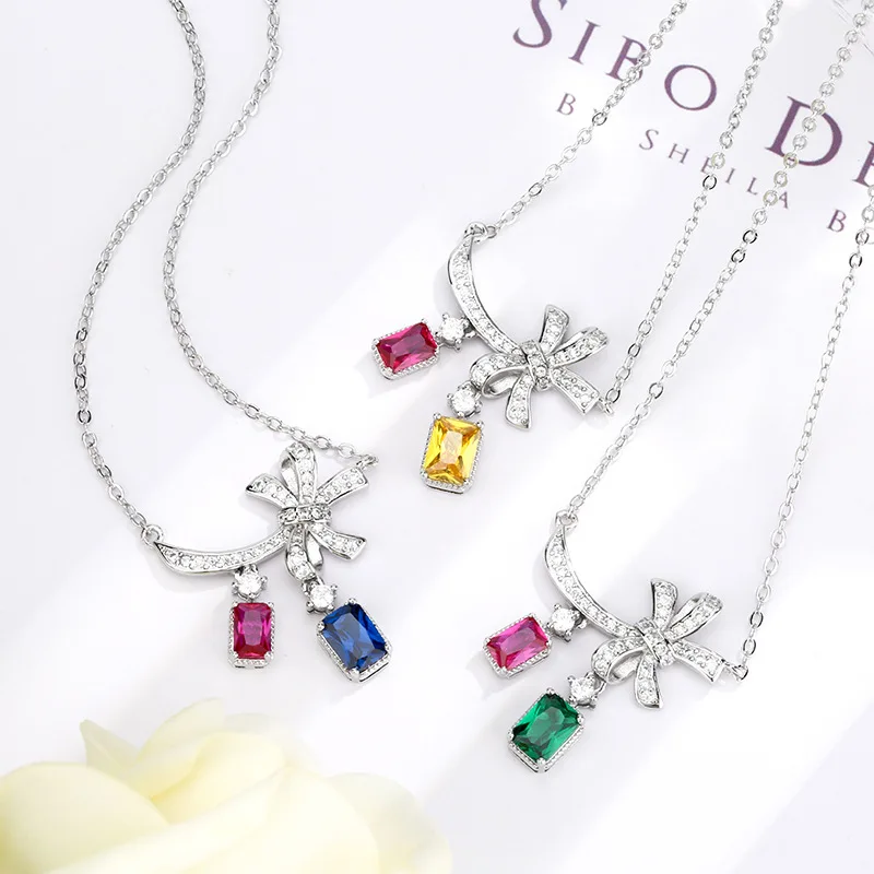 

Women's Bowknot Pendant Necklace with Rectangle Pink Green Yellow Cubic Zirconia Adjustable 45+5cm Chain Party Gift Jewelry