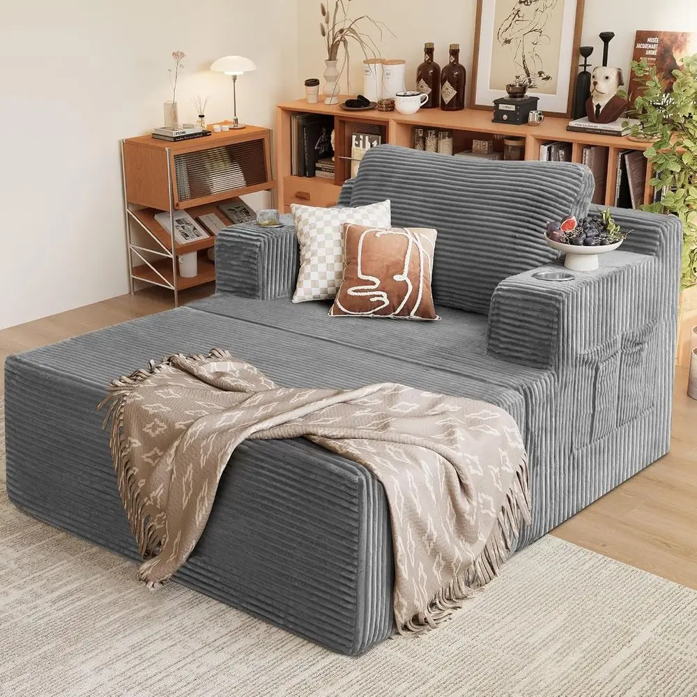 Sillón Chaise Longue Extra Grande, Sofá Cama Tapizado Suave como una Nube con Asiento Profundo y Portavasos Integrados, Cómodo para Sala de Estar