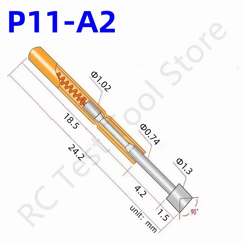 

100PCS P11-A2 Spring Test Probe Pogo Pin P11-A 1.30mm Cup Tip Head Nickel Plated 1.02mm Thimble PCB Test Tool Pogo Pin 24.2mm