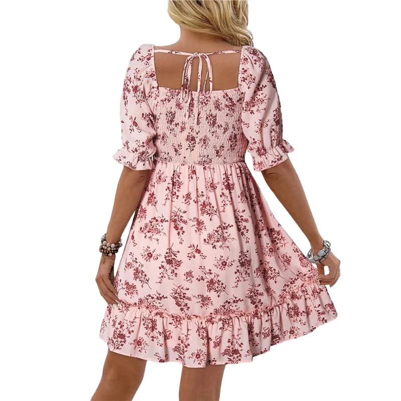 ABP-Vestiti estivi casual da donna Manica corta Collo quadrato Smocked Boho Floral Sundress Flowy A-Line Mini abito
