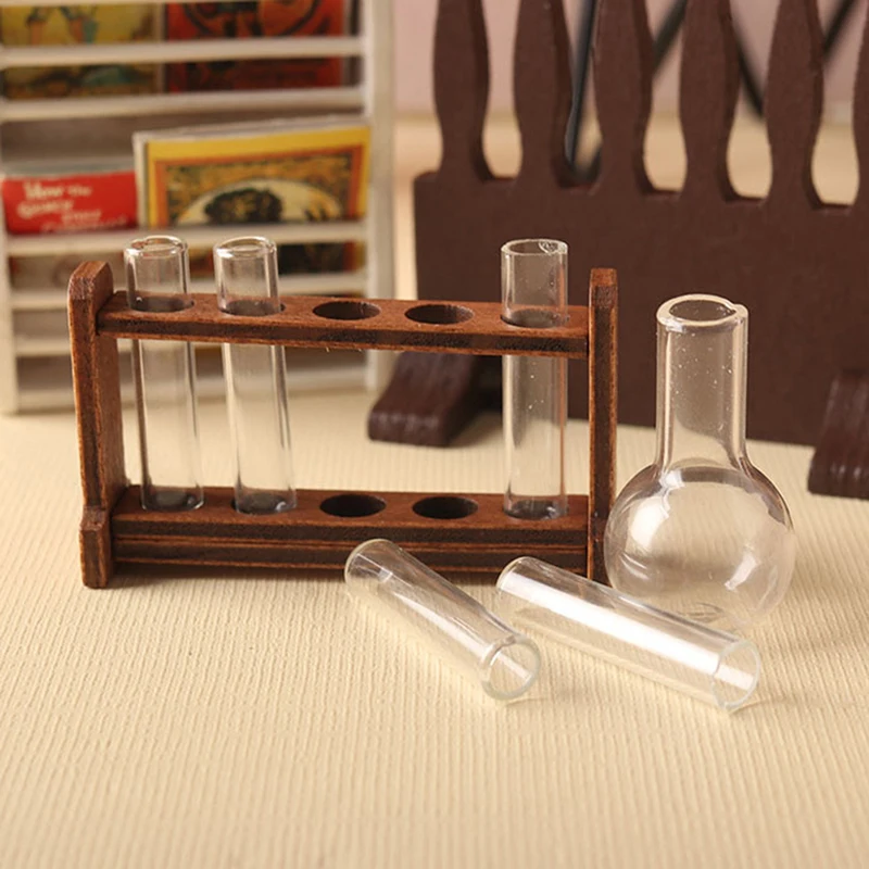 Hot Sale Laboratory Glass Test Tubes With Wooden Rack Set 1:6 1:12 Dollhouse Miniature Accessory Home Decoration Ornament