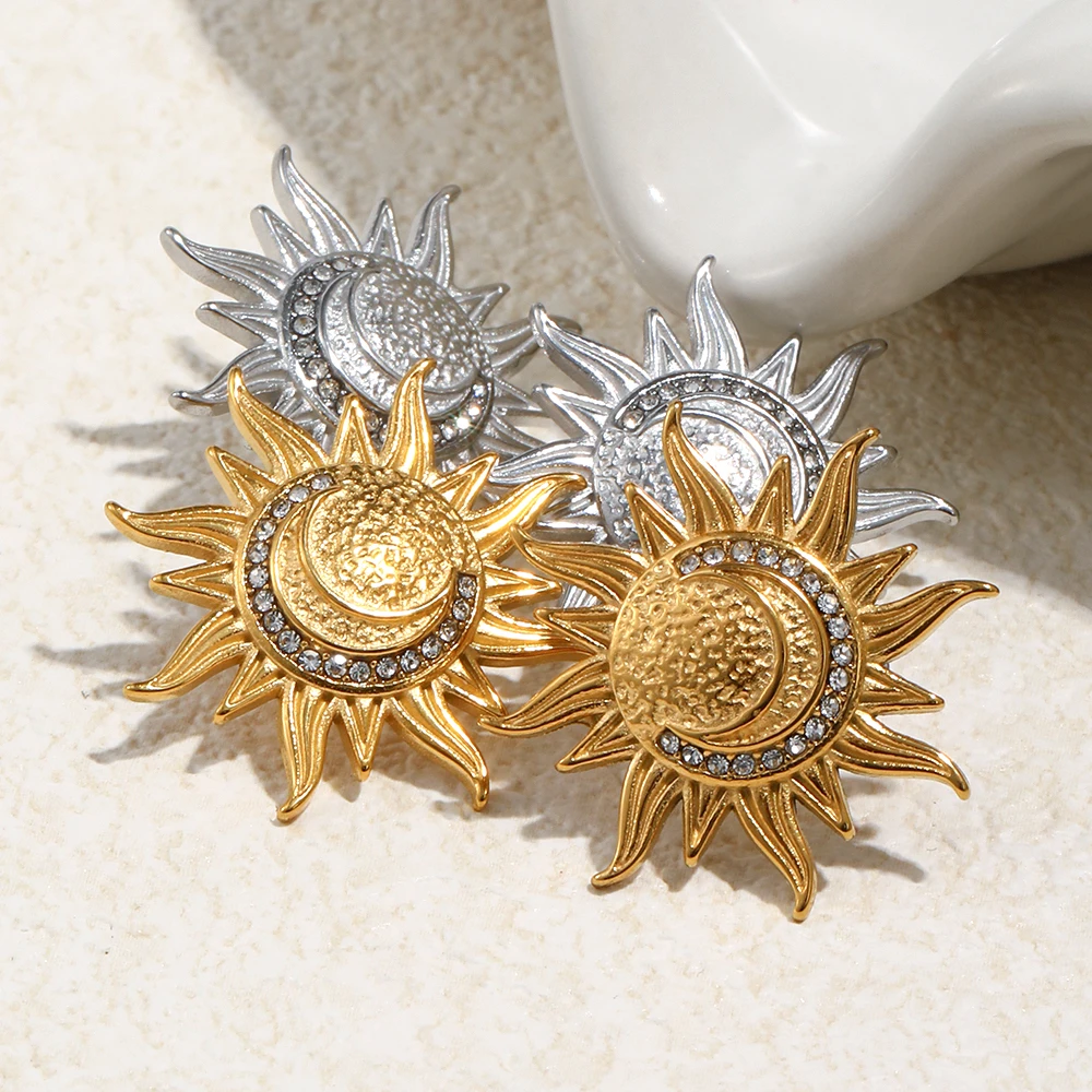 MamacitaSlay Vintage 316L Stainless Steel Sun Moon Stud Earrings 18K Gold Plated Waterproof Jewelry For Women Daily Wear Gifts