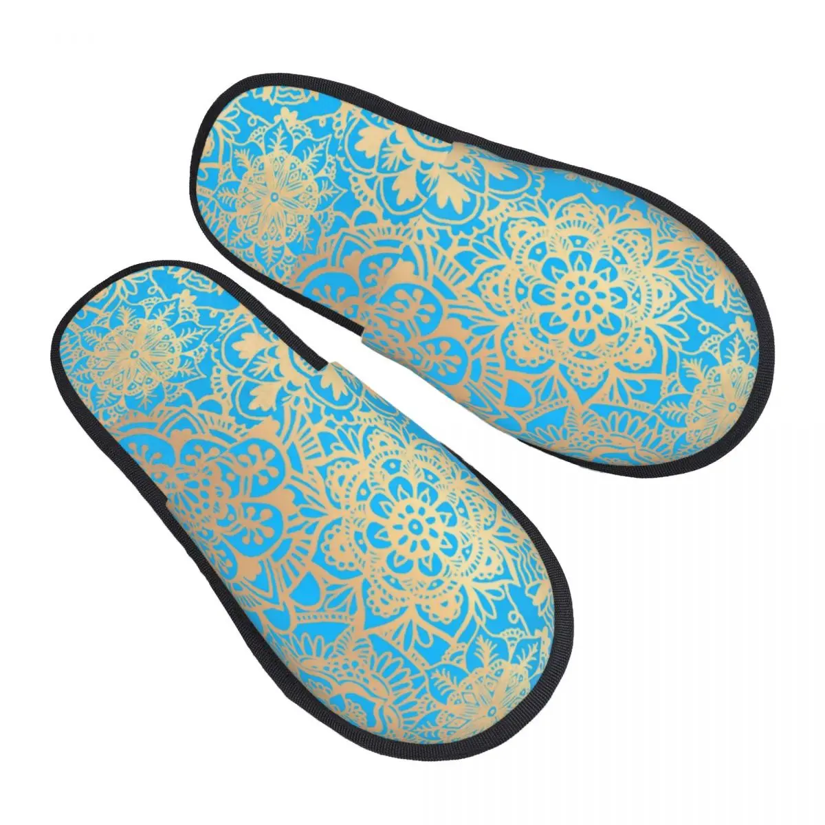 Light Blue And Gold Mandala Pattern House Slippers Women Cozy Memory Foam Buddha Buddhism Flower Slip On Bedroom Slipper Shoes