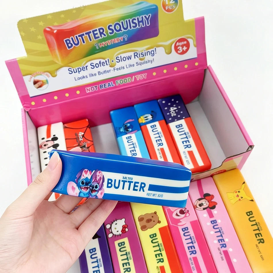 12PCS Full Box Cartoon Series Soft Butter Squishy, Soft Silicone Butter Stick Squeeze Toy, Party Favor Mini Gifts