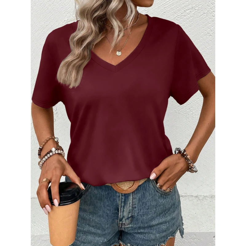 

Женские топы, модные повседневные свободные однотонные топы с v-образным вырезом и короткими рукавами, тонкая эластичная женская футболка