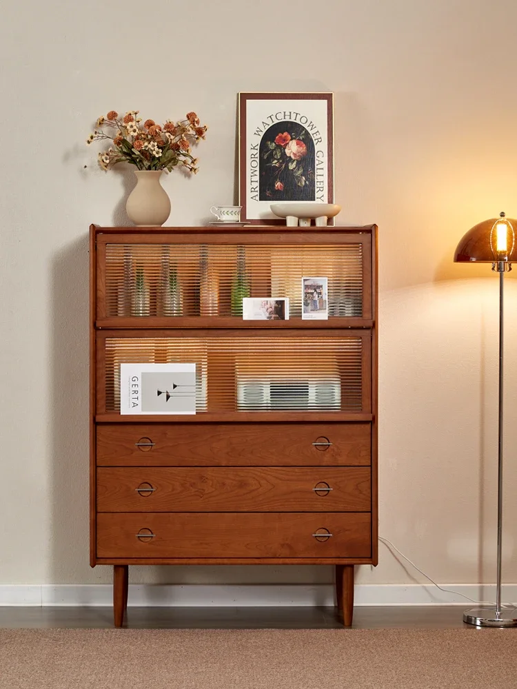 Solid wood dining side chest, cherry wood art wine cabinet, teak color porch drawer, locker