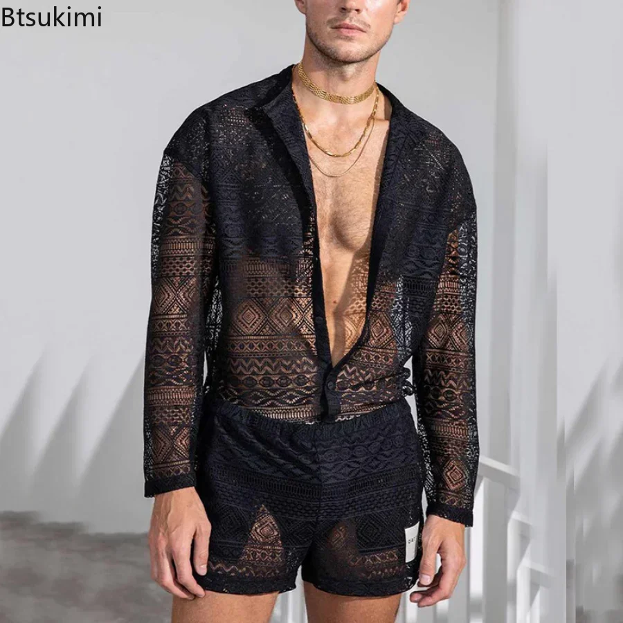 2025 Męskie letnie dwuczęściowe zestawy garniturów See Through Lace Stroje plażowe Plain Pattern Print Topy z długim rękawem i szorty Zestaw męski