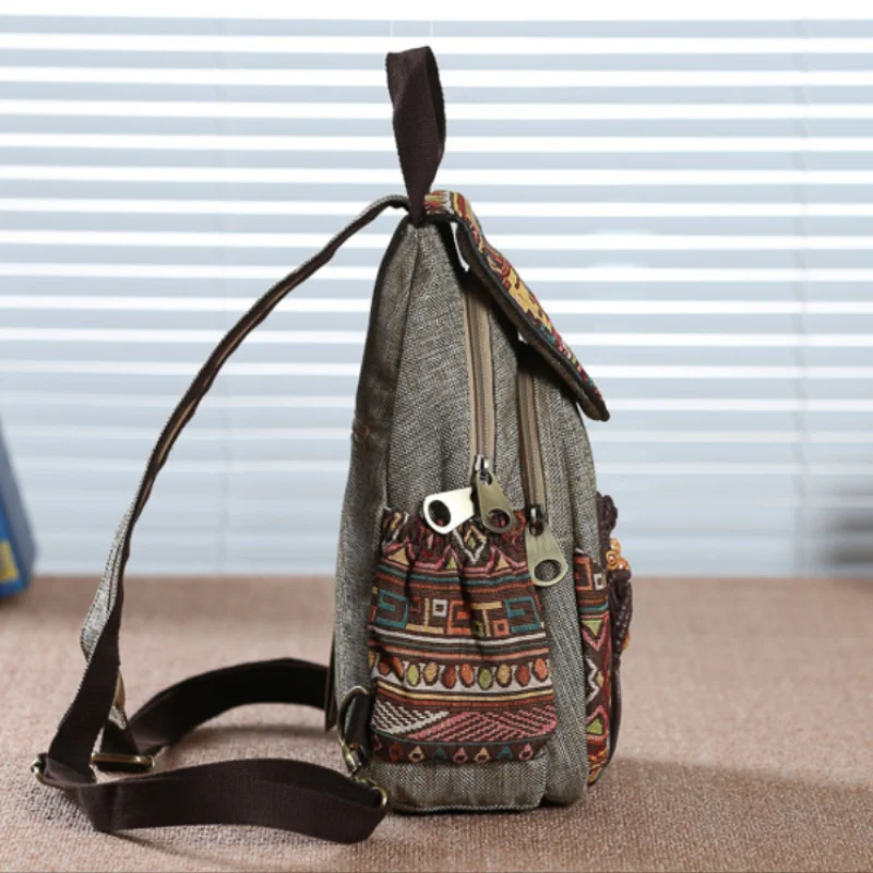 Women Retro Embroidered Canvas Backpack Soft Shoulder Straps Ethnic Flap Backpack Lightweight Schoolbag Travel Bag for Girls
