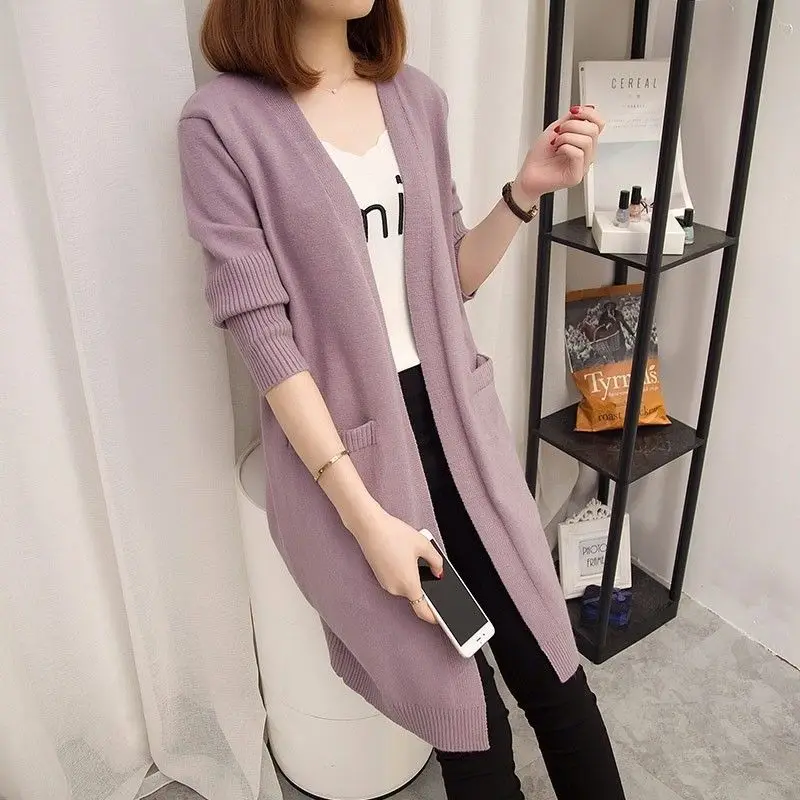 Women\'s Winter Fashion Simplicity Solid Color V-neck Long Sleeve Sweater Coat Women Clothes Casual Elegant Temperament Long Top