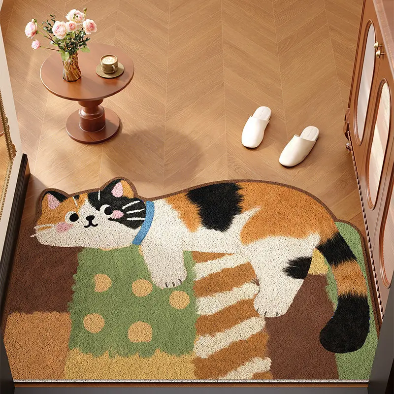 Cute Calico Cat Shaped Doormat Non-slip Durable PVC Coil Floor Mat Entrance Rug for Indoor Outdoor Entryway Home Decor Pet
