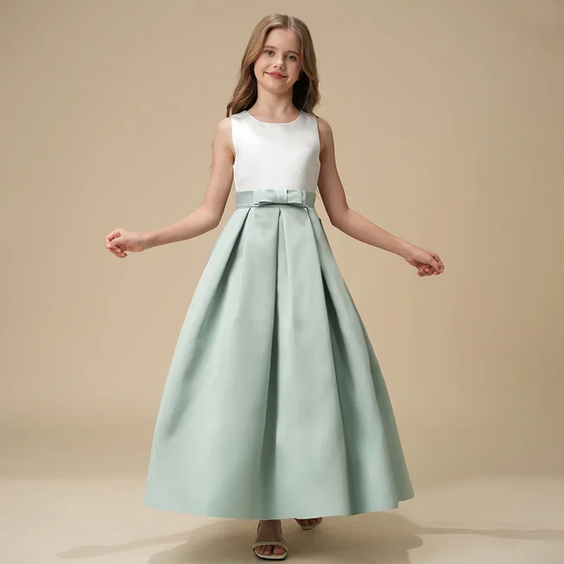 

Elegant Girls' Maxi Dress, Sleeveless White - Light Green Design, Bow - detailed Waist, Perfect for Wedding/Party/Formal Events