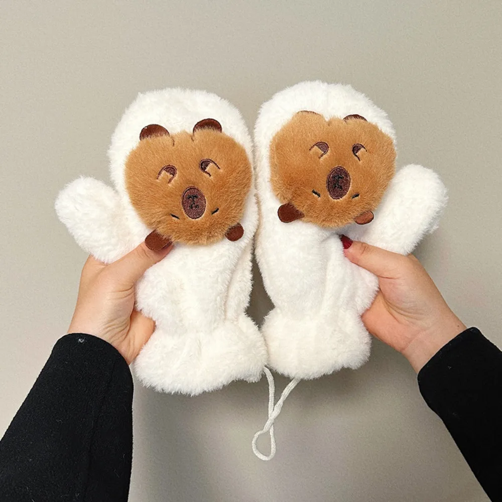 Cute Faux Rabbit Hair Capybara Lanyard Mittens Windproof Soft Cartoon Anti-cold Mittens Furry Thickened Full Finger Gloves Gifts