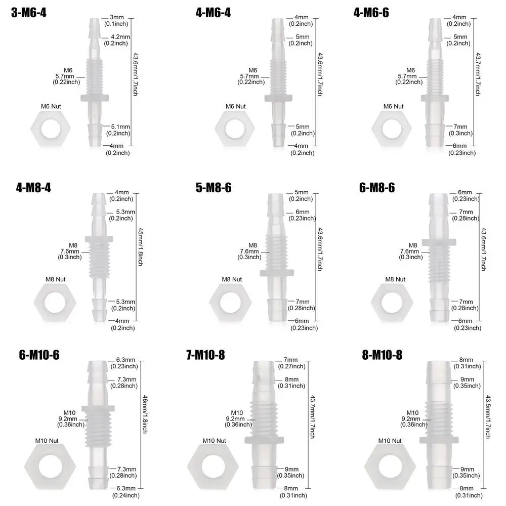 5 sztuk 3 ~ 8mm M6 ~ M10 PP gwint nakrętka sześciokątna PP proste złącza Adapter akwarium przeguby wąż do pompy powietrza przeguby pagodowe