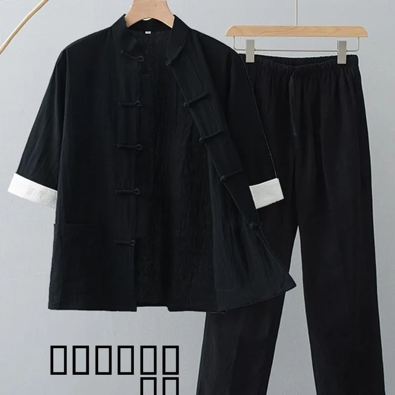 costume-tang-d'ete-pour-hommes-en-coton-et-lin-veste-boutonnee-a-sept-manches-et-pantalon-vetements-decontractes-traditionnels-chinois