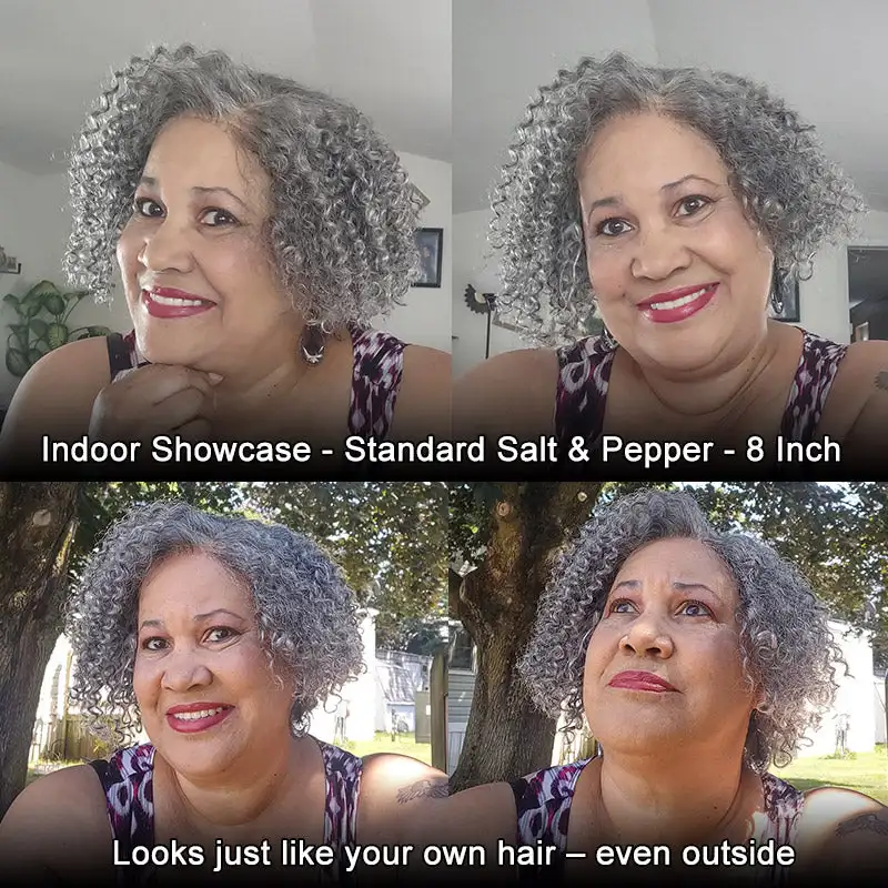 Parrucca grigia riccia Jerry corta Parrucche in pizzo senza colla per capelli umani con sale e pepe reali per donne mature ed eleganti Parrucca Bob con onda profonda