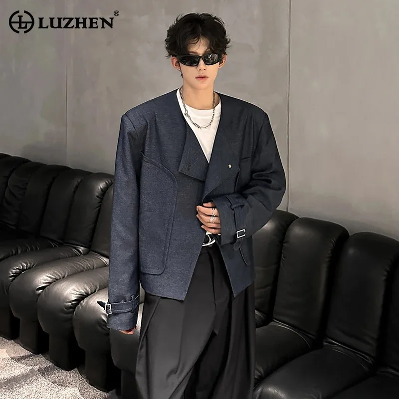 

LUZHEN Single Buttoned Cross Placket Handsome Casual Jacket Men's Fashion 2025 New Solid Color High Quality Casual Coat JY4249