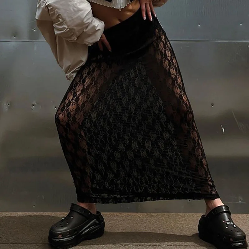 Women's Elegant Hight Waist Perspective Long Skirt Fashion Hollow Out Slim Half Skirt Sexy Lace See Through Party Evening Skirt