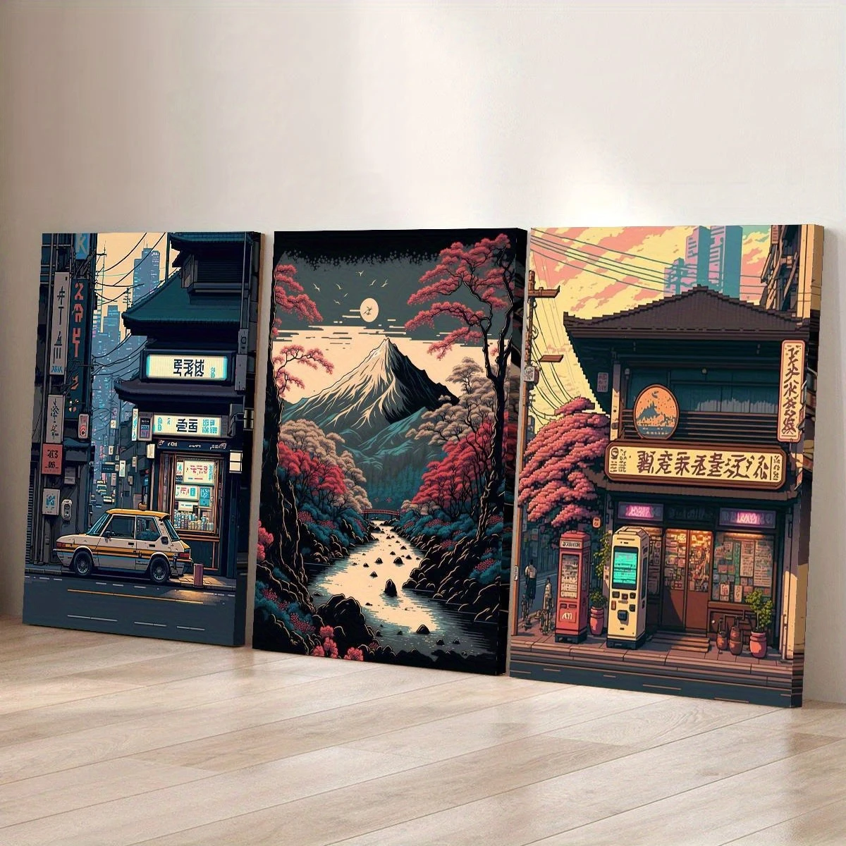 3-teiliges Set Japanische Nachtszenen & Kirschblüten-Landschaft Leinwanddrucke Stadt- und Naturbilder Wandkunst Poster für Moderne Heimdekoration