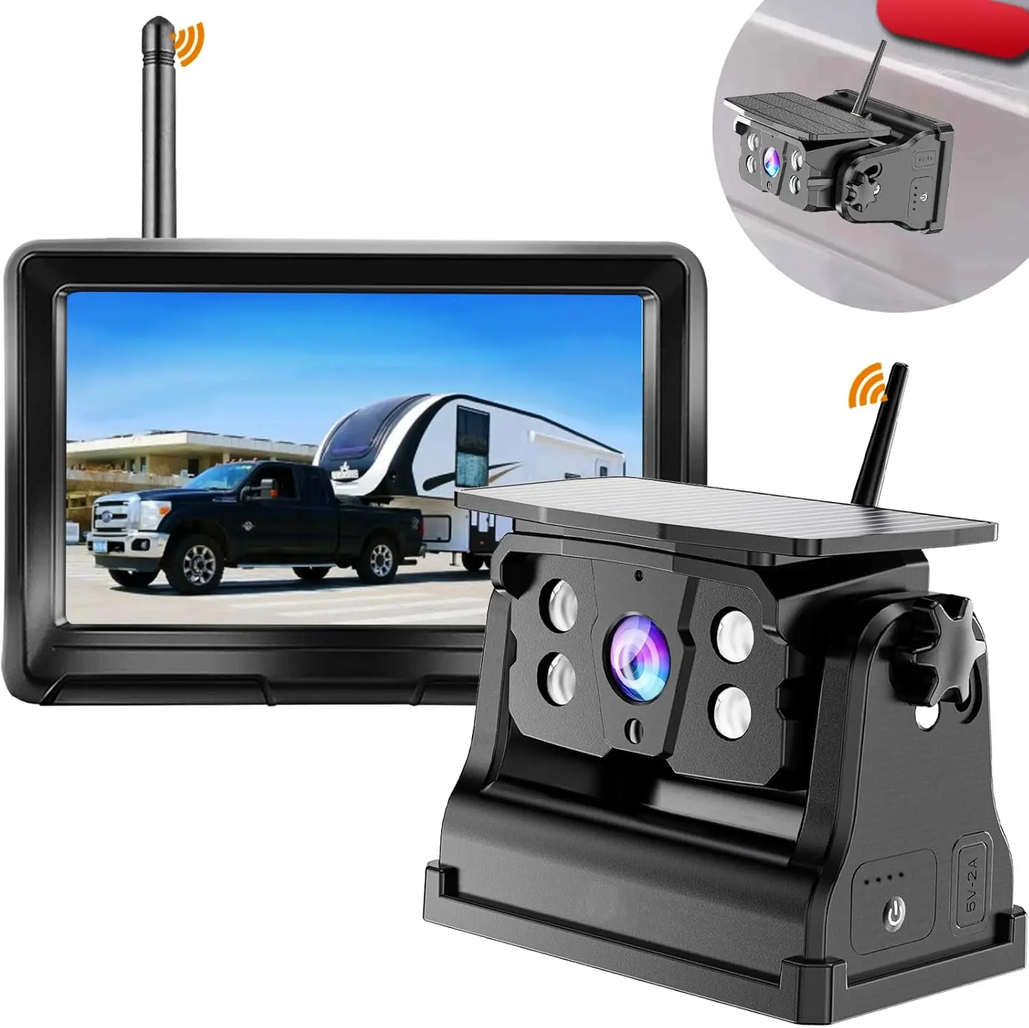 Wireless Backup Camera Solar Magnetic for RV Car Trailer Truck Camper 5th Wheels Hitch Towing