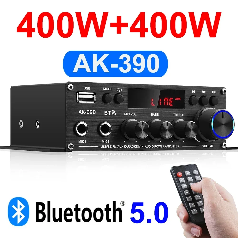 

AK390 AK380 Bluetooth5.0 Amplifier HIFI Home Digital Audio Amplifiers Channel 2.0 Music Player Support FM USB SD Bass Amp 12V3A