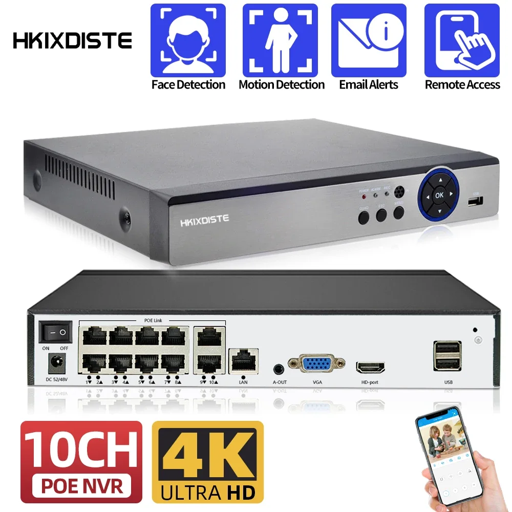 

CCTV 4K 8MP камера безопасности NVR система 10CH POE NVR рекордер H.265 распознавание лиц 8 + 2-канальный сетевой видеорегистратор наблюдения