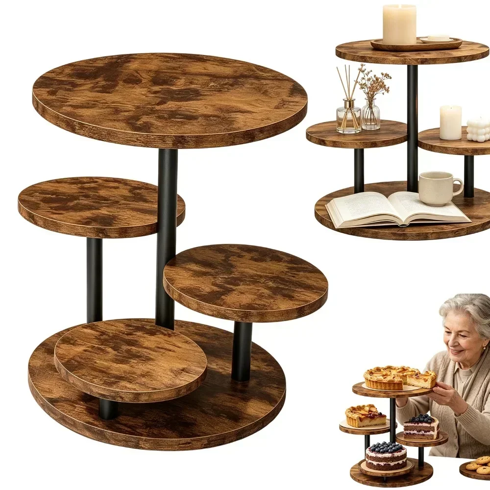 Présentoir à desserts en bois à 4 niveaux, rotatif, avec cadre métallique robuste, idéal pour exposer des cupcakes, des gâteaux et des pâtisseries, élégant élément de décoration pour les tables lors de mariages, d’anniversaires et de fêtes de Noël.