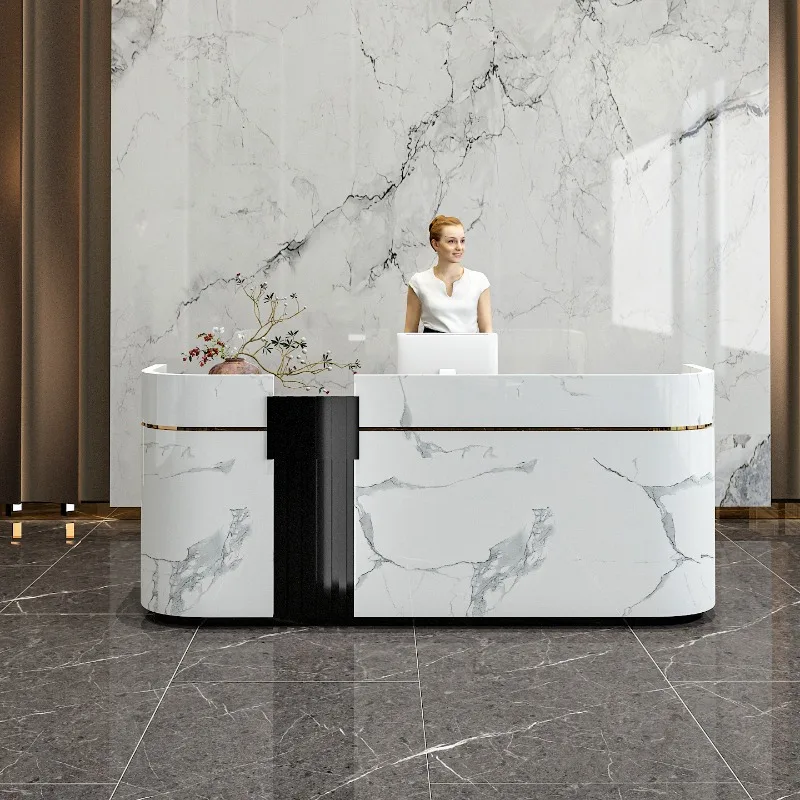 Imitation marble pattern company front reception curved front desk cabinet bar welcome paint checkout page custom
