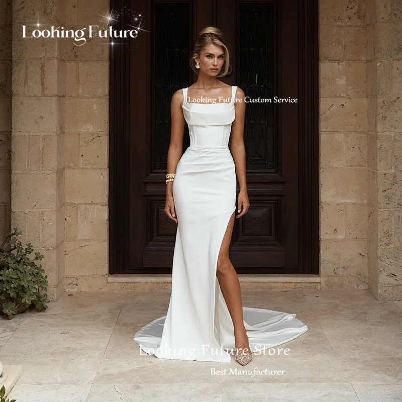 Einfaches Meerjungfrauen-Brautkleid, ärmellos, sexy, mit hohem Schlitz, Spaghettiträgern, Falten, eckigem Ausschnitt, Schleppe, individuell anpassbar