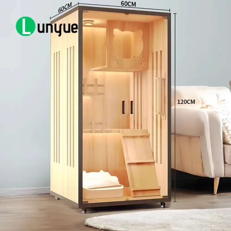 Luxury Modern Wooden Cat House Large Space Waterproof Indoor Pet Furniture with Glass Door Ventilated Scratching Board High