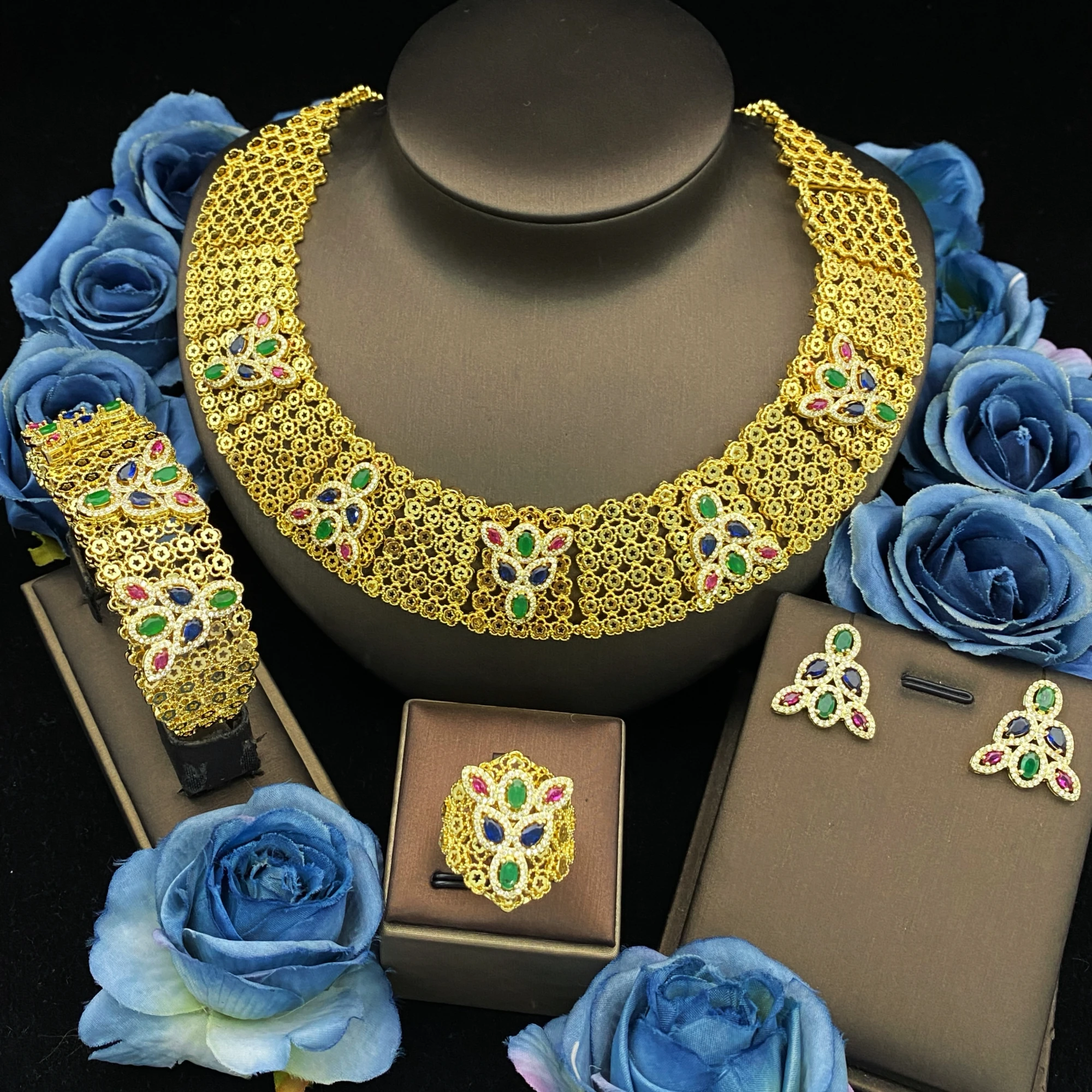 

JRH Dubai Style 4pcs Gold Plated Zircon Jewelry Set Gift Box Bracelet Ring Necklace Earrings for Women Sparkling Set Great Gift