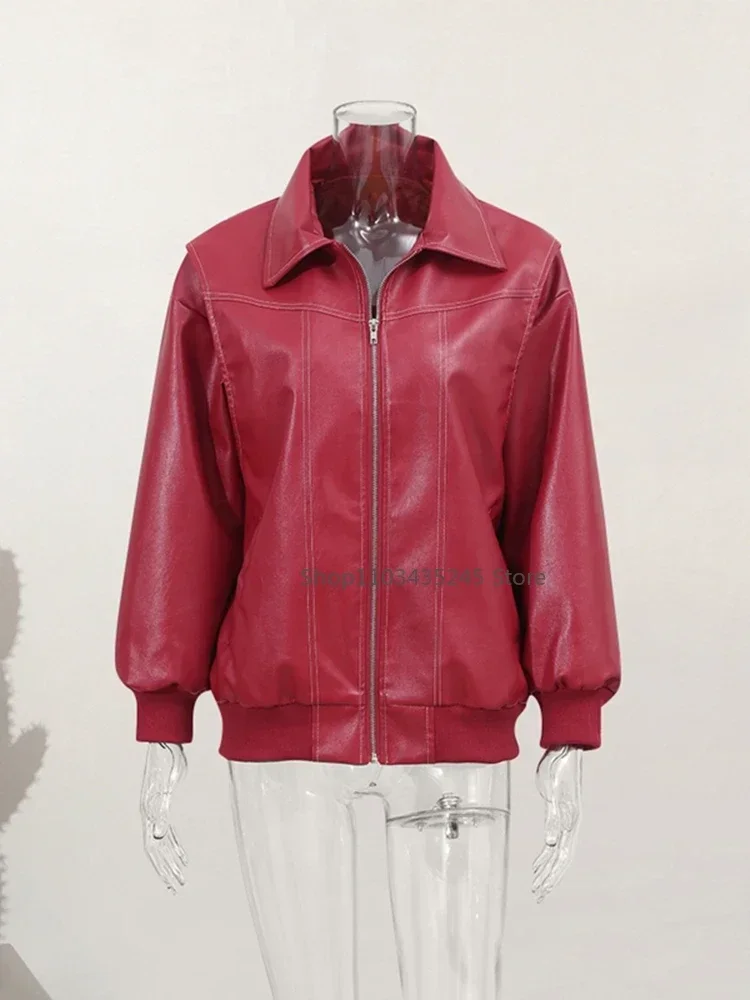 Frauen Wein rot Patchwork Reiß verschluss Leder Reiter Mantel lässig Langarm Revers Fliege kurz geschnittene Jacke Vintage Herbst Mode Oberbekleidung