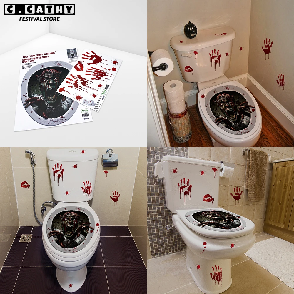 Halloween Scary Toilet Sticker 3D Wall Sticker Zombie Bloody Ghost Mouse Spider DIY Party Home Bathroom Decor Bathroom Scream