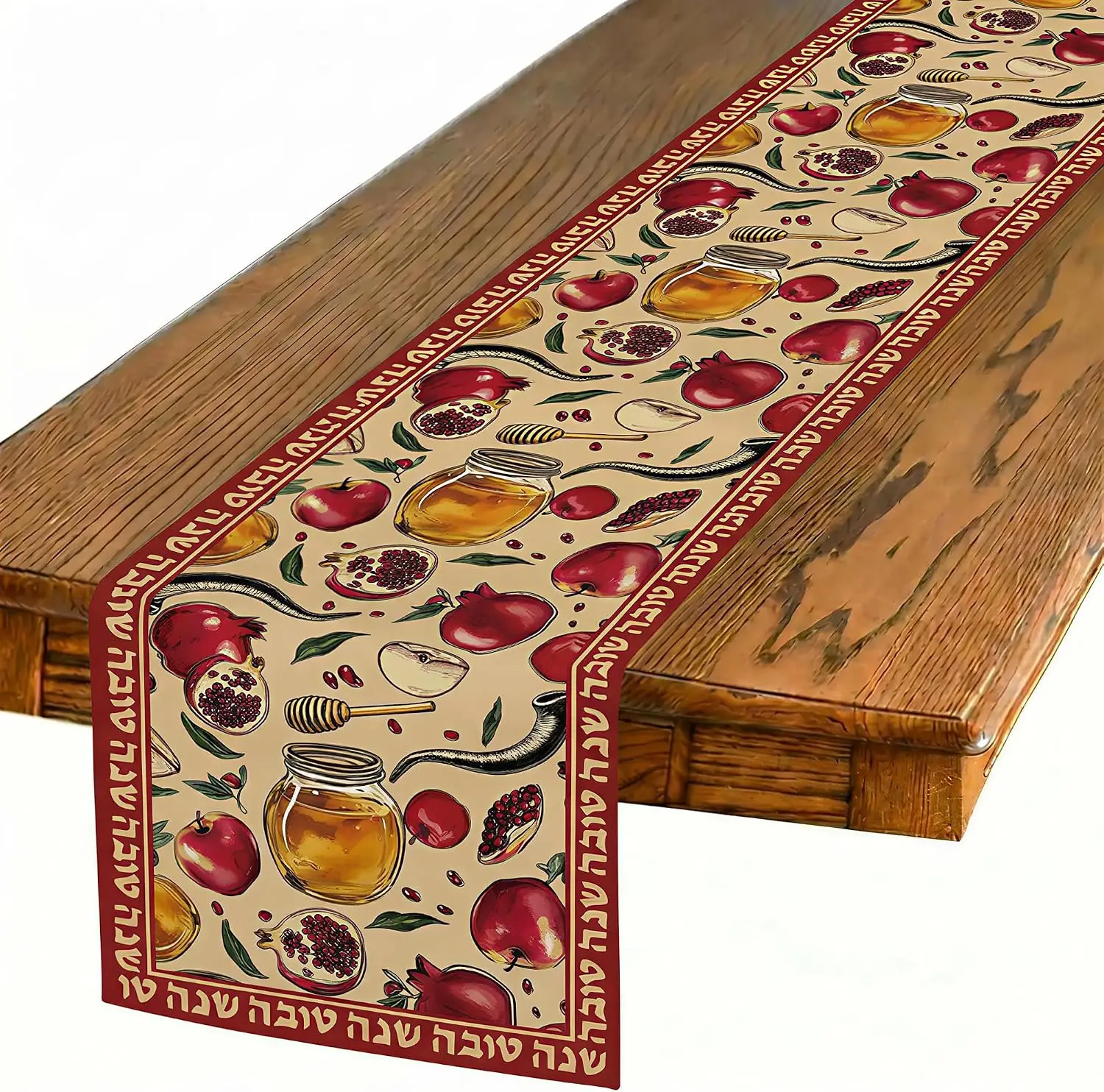 Rosh Hashanah Pomegranate Honey Linen Table Runner Jewish Holiday Decor Reusable Kitchen Dining Table Runner Shana Tova Decor
