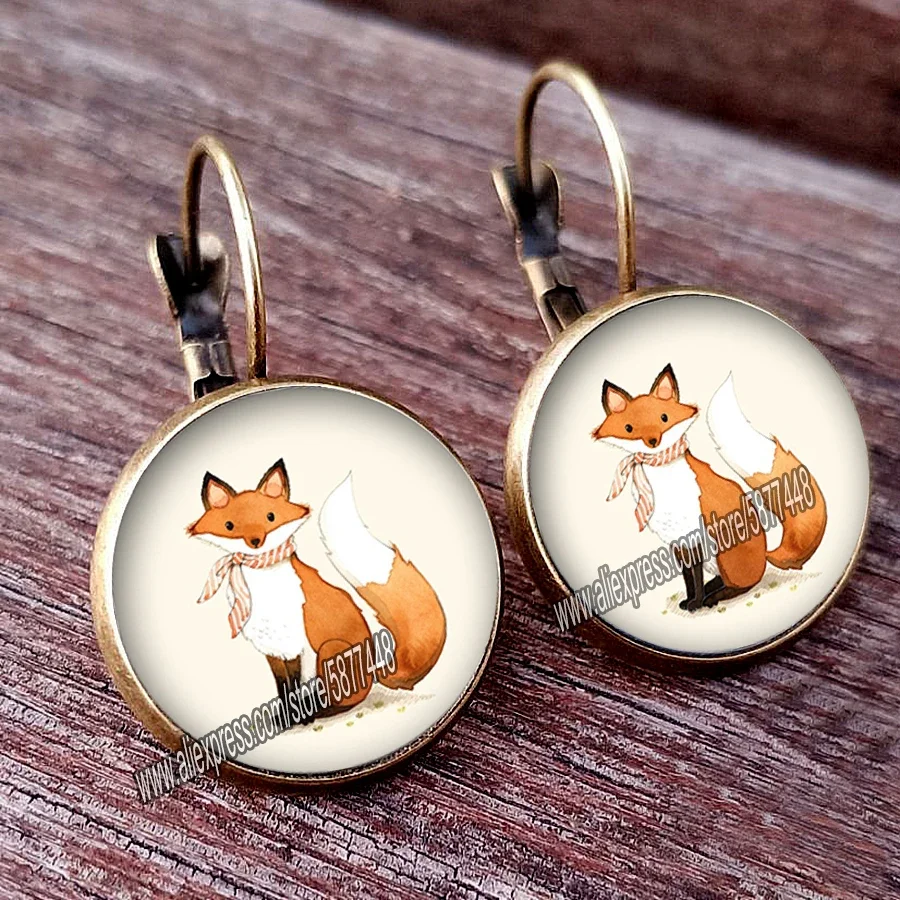 Cute Fox and Flower Women Pattern Glass Cabochon Stud Earring Lovely Animal Earring for Woman and Girl