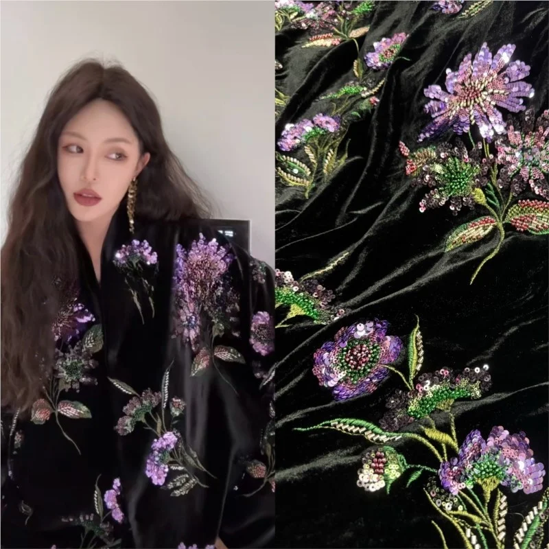 

High-end custom-made silk velvet heavy industry beaded embroidery fabric coat traditional Chinese style
