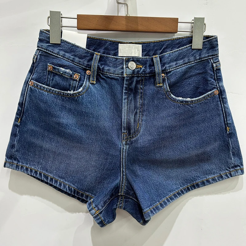Dave&Di 2025 Summer Denim Bermuda Women Vintage Mom Jeans Deep Blue High Waisted Denim Shorts For Women