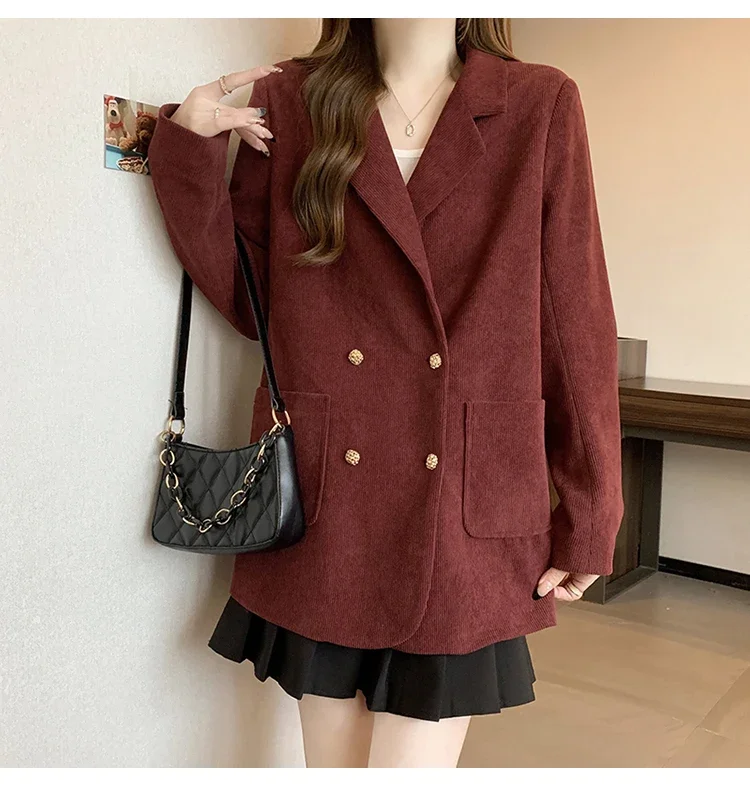 2024 Fall/Winter New Chubby Girl Plus Size Women's Suit Jacket Korean Style Design Corduroy Blazer Fashion Casual Lady Coat Top