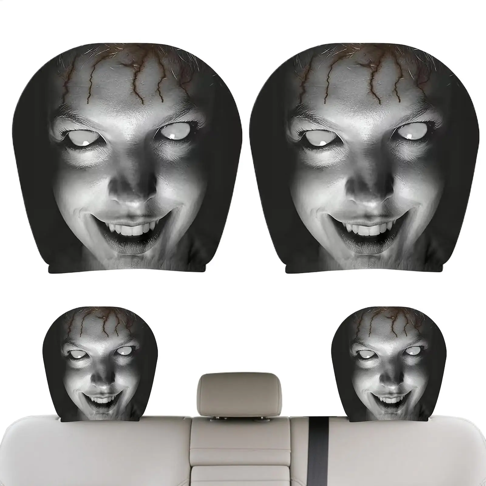 1/2pcs Cars Headrest Covers Scary Face Auto Seat Protector Cute Scary Face Patterns Cartoon Car Headrest Cover Prank Gift