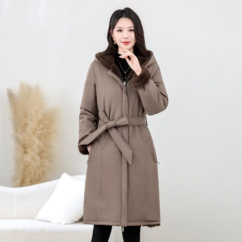 2026 Fashion Double-sided Wear Long Parkas Women Faux Mink Fur Overcoat Winter Thicken Jacket Hooded Coat Sashes Slim Outerwear