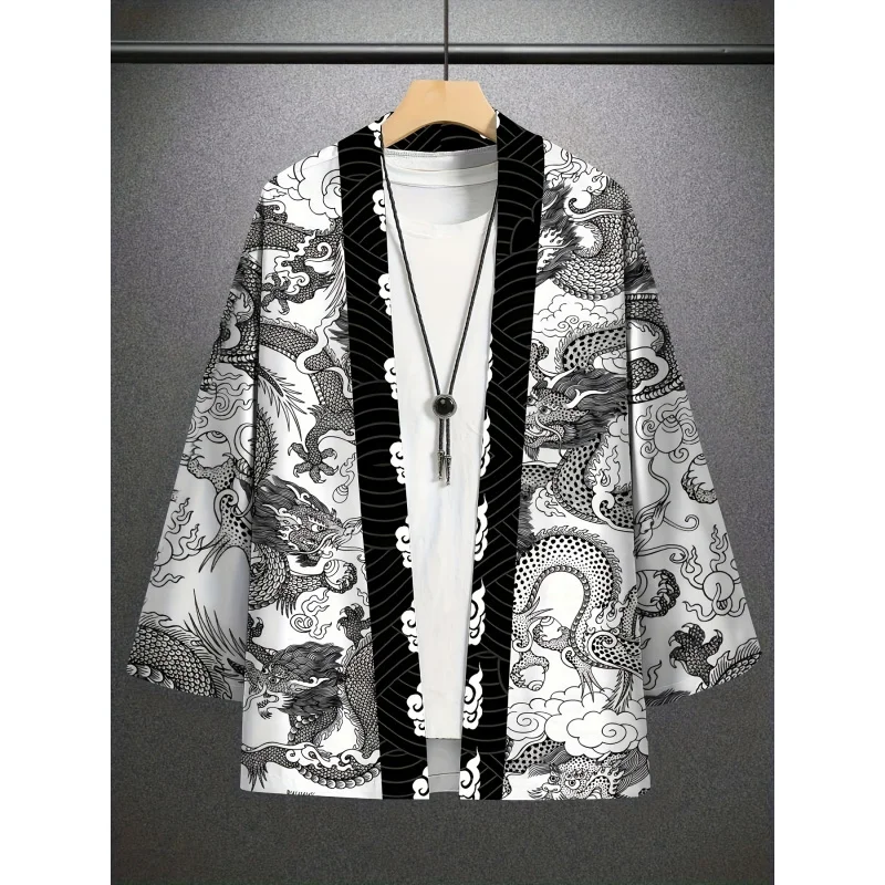 Men's Fashion 3D Dragon Pattern Long Sleeve Jacket Samurai Costume Japanese Cape