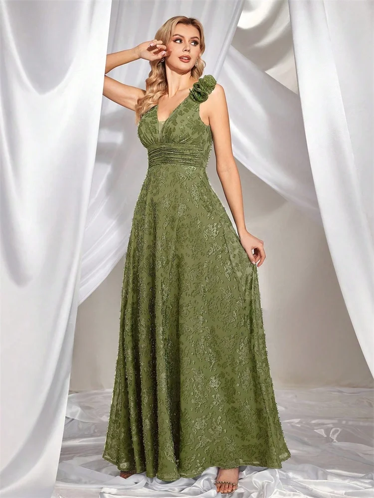 BLUEPLUM Elegant V-Neck Green Floral Evening Dress Women Long Luxury Sleevesless  Bridesmaid Party Dress Prom Cocktail Dresses