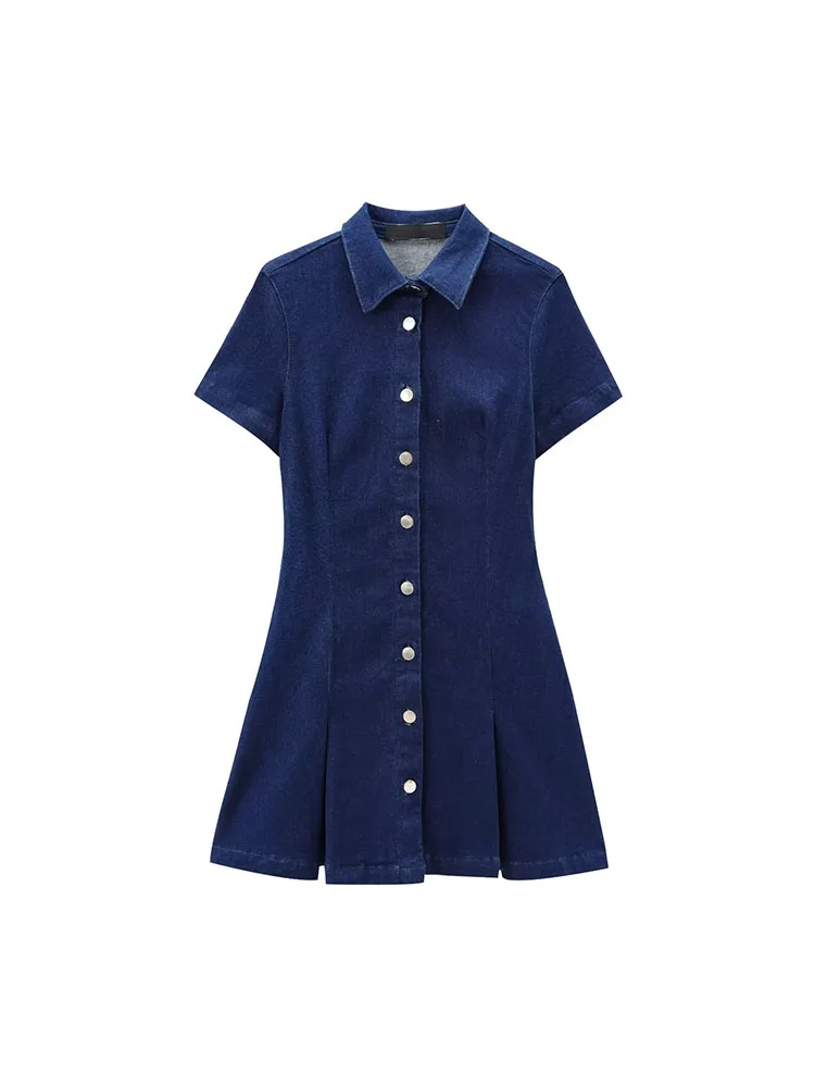 European and American style 2024 autumn and winter new products women\'s clothing versatile wide pleated denim casual mini dress