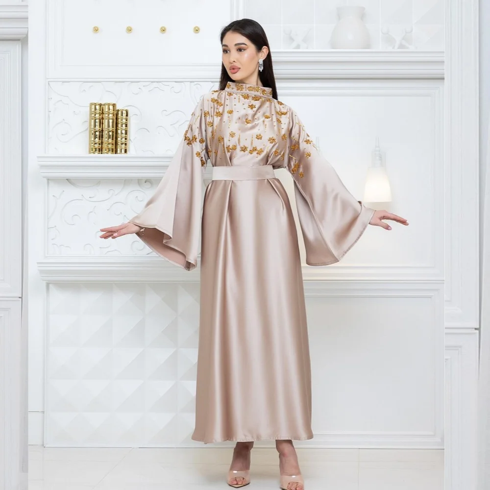 Robe trapèze à col haut en satin avec biscuits, robes mi-longues perlées, occasion sur mesure, Quinceanera