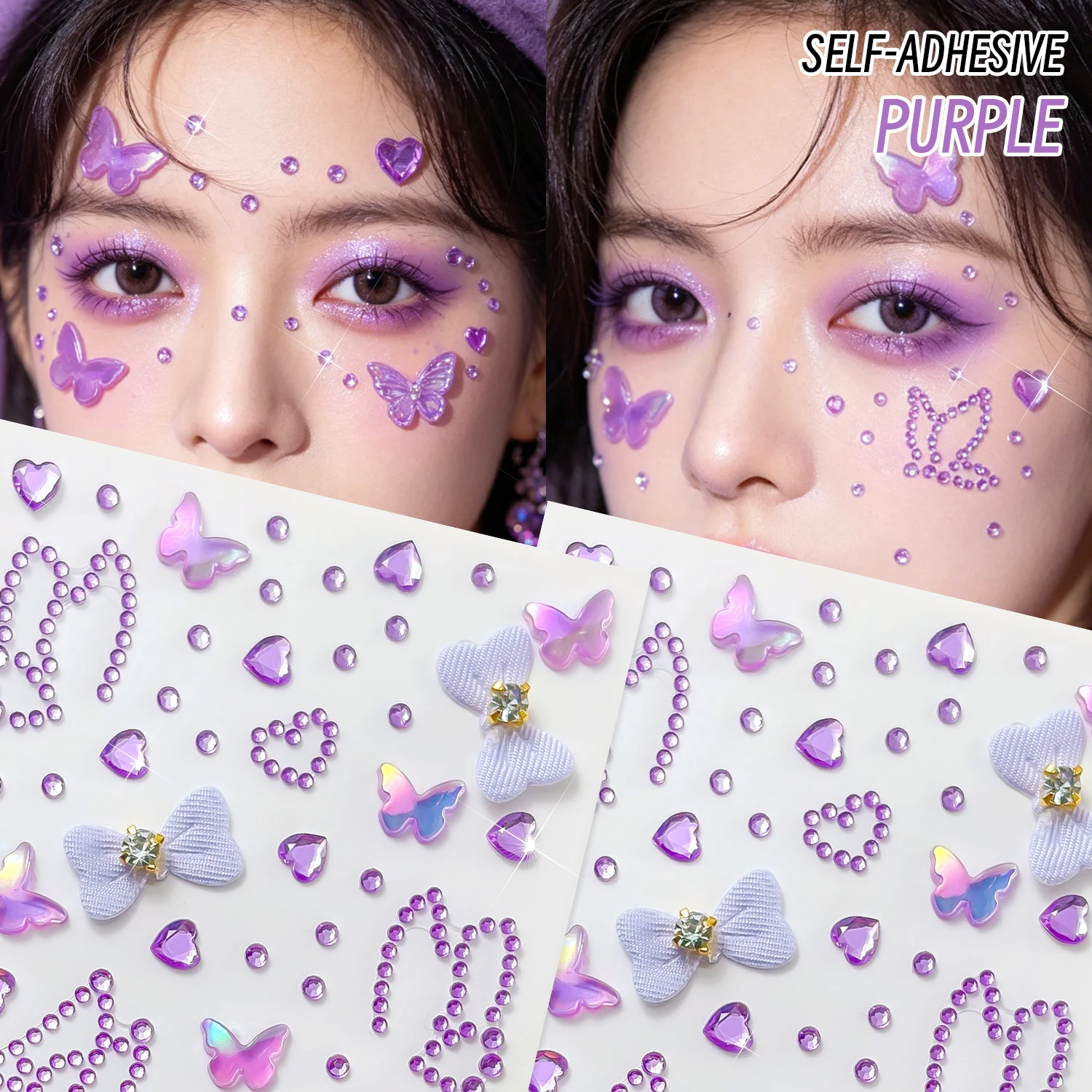 3D Cute Pink Diamond Butterfly Heart Face Stickers Self-adhesive Bow Butterfly Face Body Rhinestones Party & Festival Makeup #4W