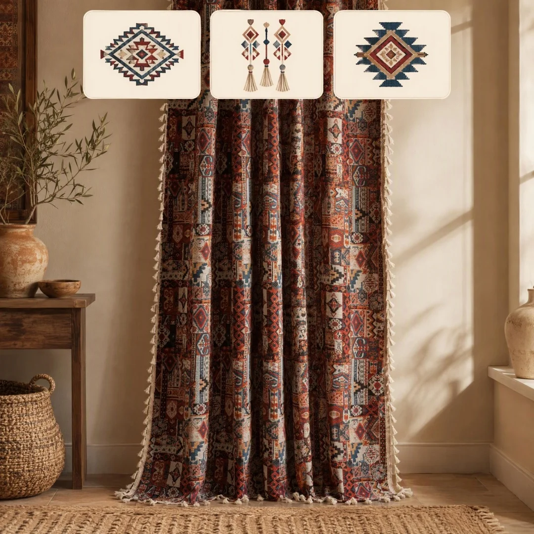 Bohemian Geometric Printed Curtain with Tassel Vintage Ethnic Semi Blackout Curtain for Living Room Bedroom Window Decor