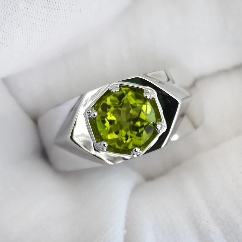 Natural Green Peridot Men Ring 6-prong 925 Sterling Silver Band 7.5mm Gemstone August Birthday Gift Birthstone R515GPN