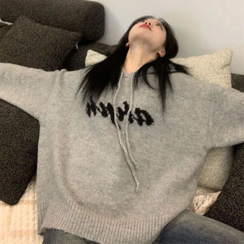 

Женская одежда, жаккардовый пуловер с надписью, свитер с капюшоном для женщин, осень-зима, ленивый стиль, свободный универсальный вязаный топ