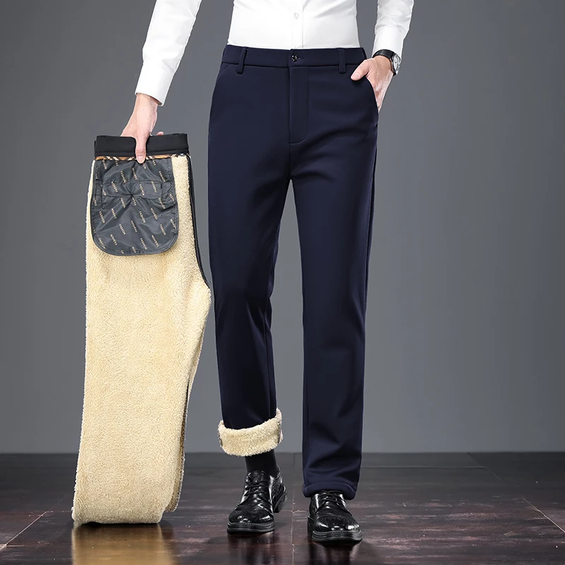 Vielseitige, kältebeständige Herrenhose mit dickem Plüschfutter, Stretch-Gürtelkompatibilität, für verschiedene Anlässe geeignet, lange Hose. – Detail 9
